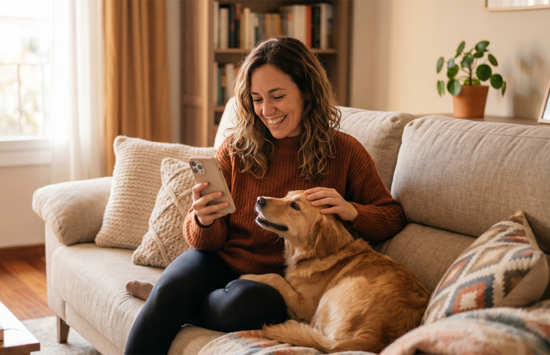 Customer with her dog browsing on mobile