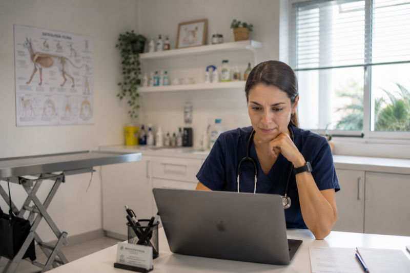 Veterinarian viewing schedule on laptop