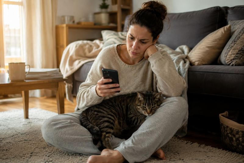 Worried owner with her cat browsing on mobile